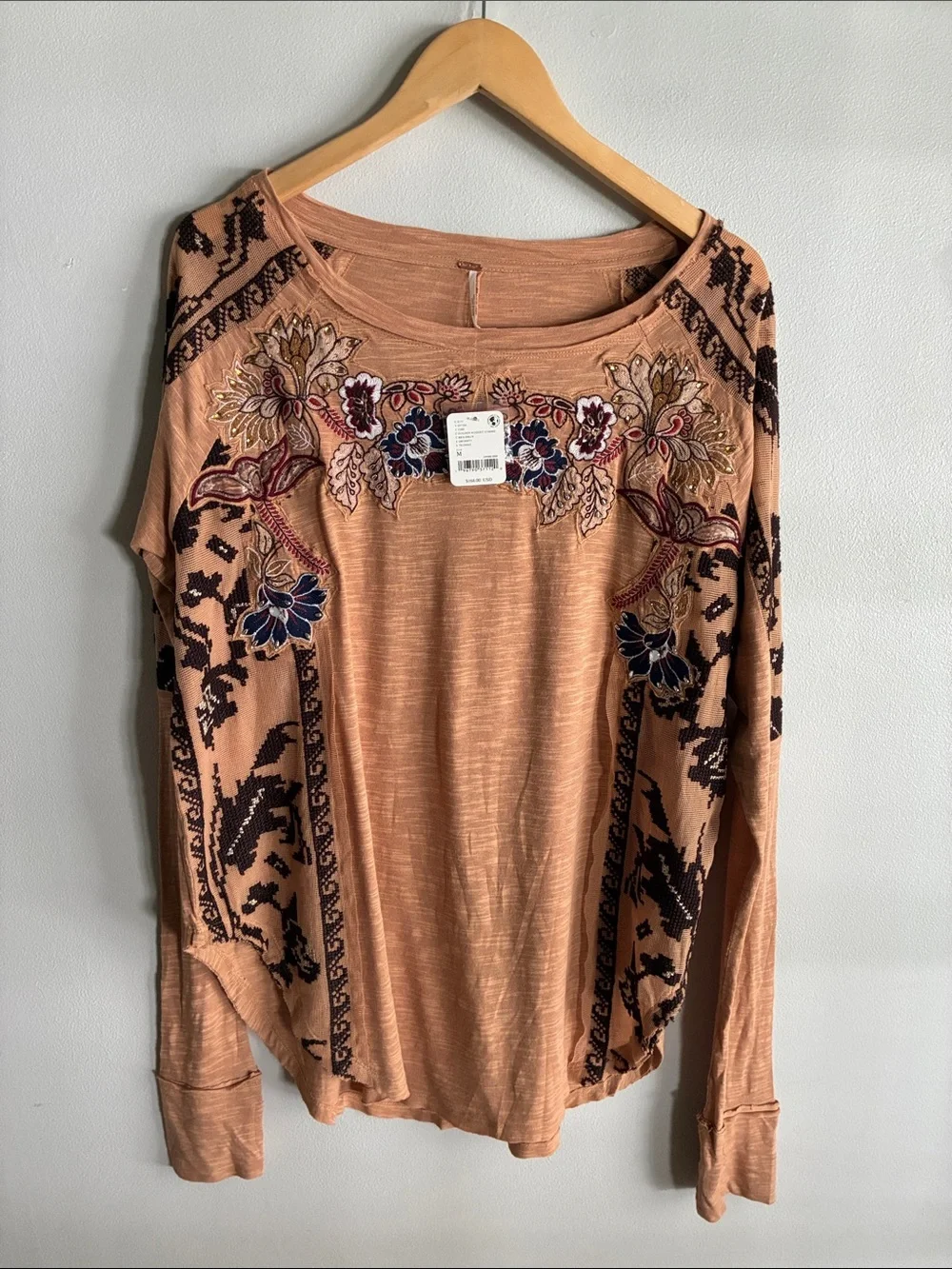 Free People Tall Tales Tunic NWT Embroidered Beaded Mesh Thumbhole Top M